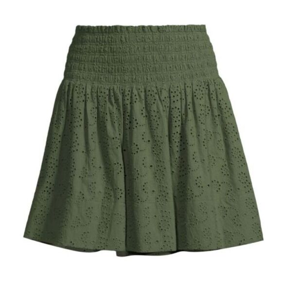 JASON WU Smocked Eyelet Mini Skirt in Olive Green NWT Size Large - Picture 1 of 10